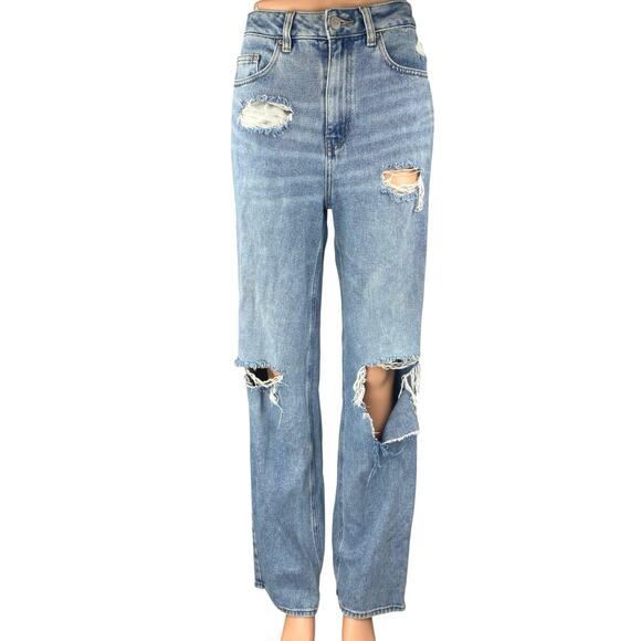 Pacsun 90's Boyfriend Blue Distressed High Waisted Straight Denim Jeans Pants 25 - Picture 1 of 6